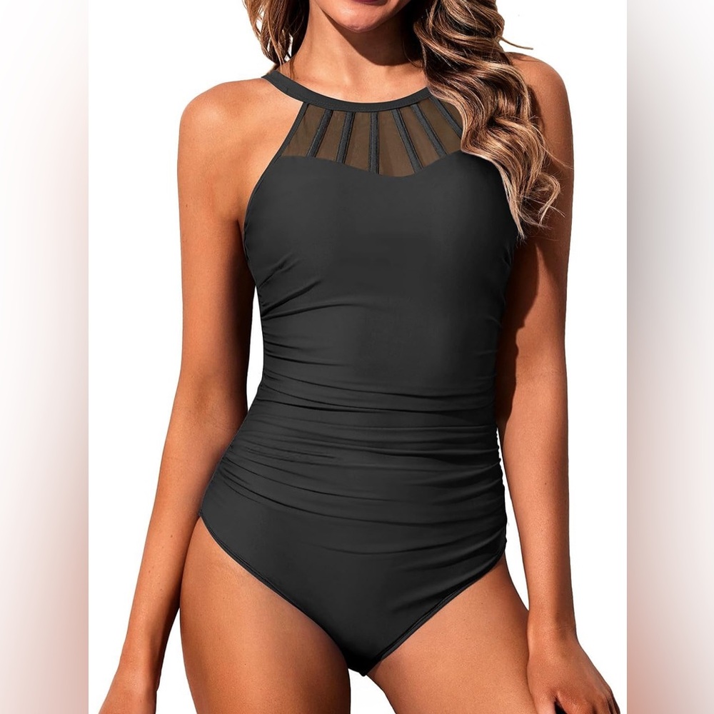 Holipick Black High Neck One Piece Swimsuit Tummy Control Bathing Suit Modest
